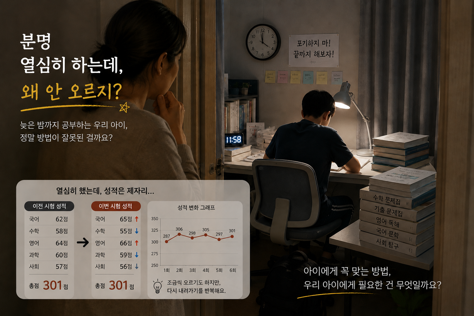 늦은 밤까지 공부하지만 성적이 제자리인 학생과 이를 지켜보는 학부모의 고민을 표현한 이미지